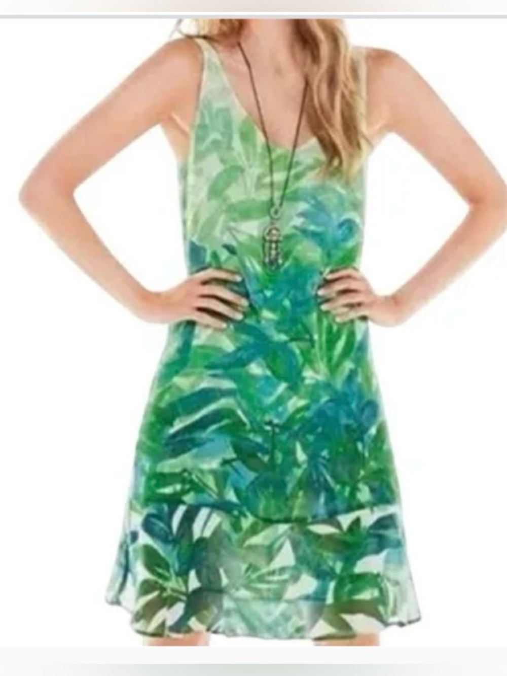 Cabi S Castaway green palm leaf euro summer coastal midi dress #5235